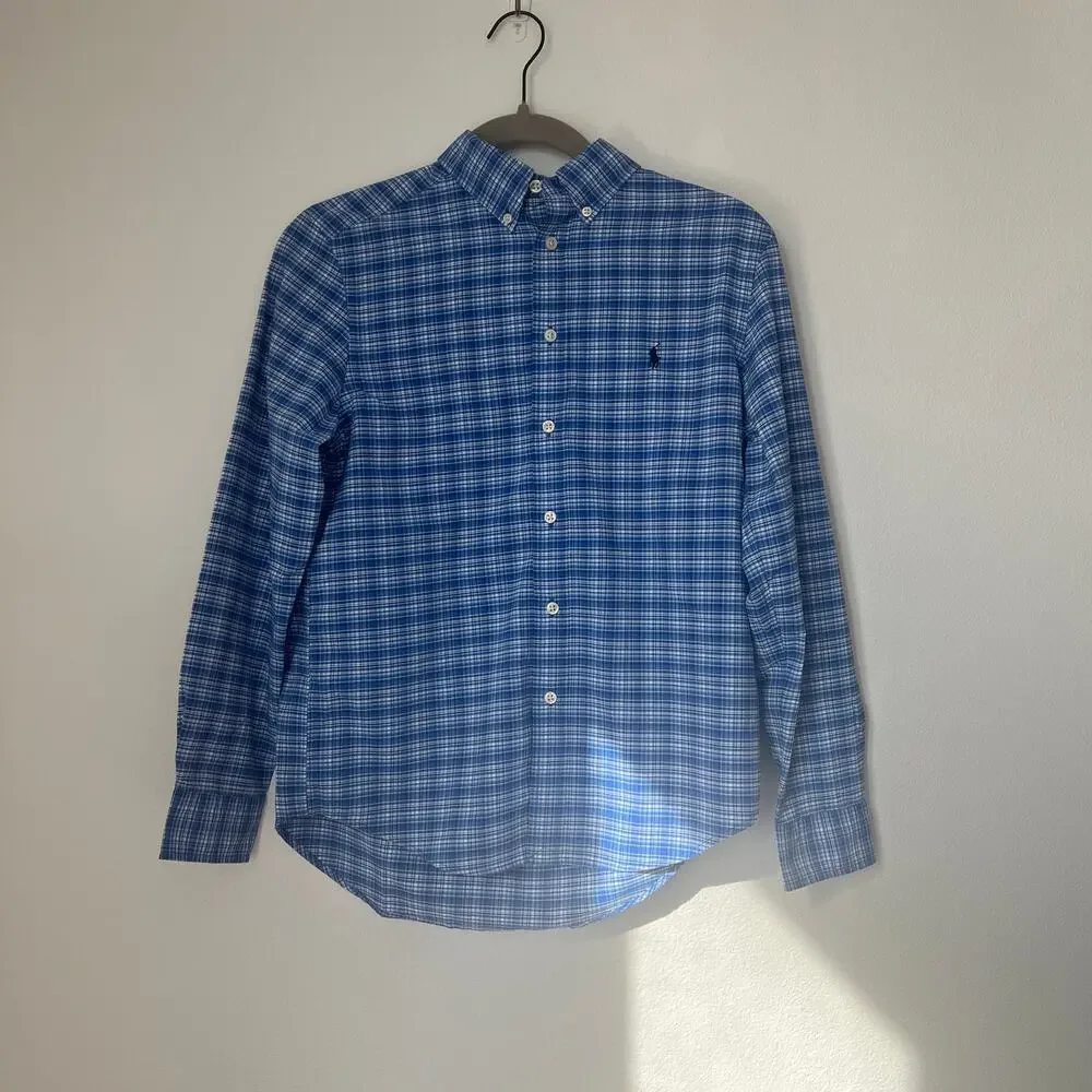 Ralph Lauren Performance Boy's Blue Plaid Long-Sleeve Button-Down Shirt 14-16